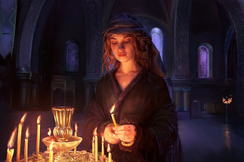 Woman Lighting Candles — Purple