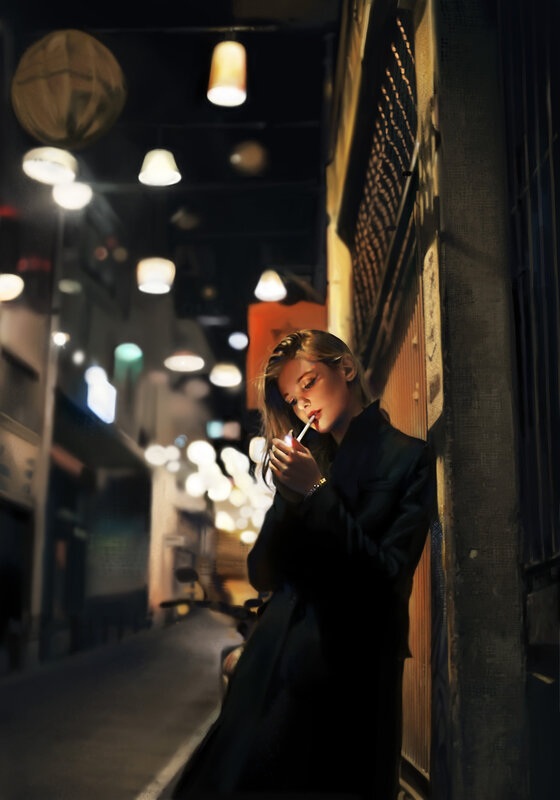 Woman Lighting Cigarette — Black