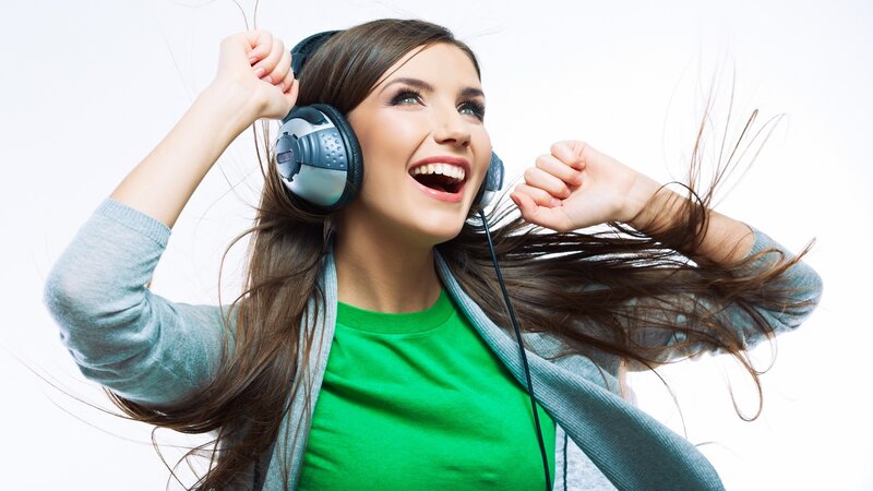 Woman Listening to Music — Green, Joyful