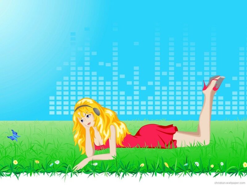 woman listening to music in field