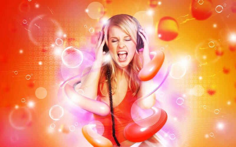 Woman Listening to Music — Red, Energetic
