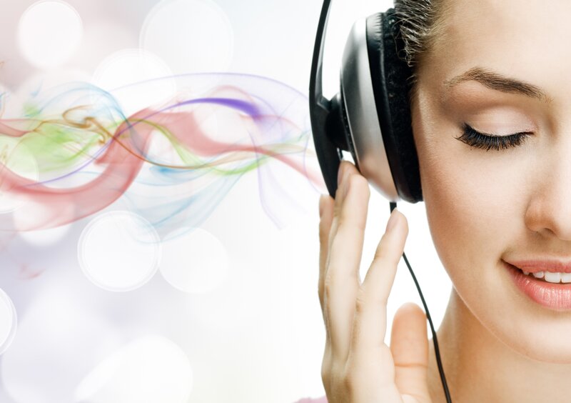 Woman Listening to Music — White, Calm, Photograph