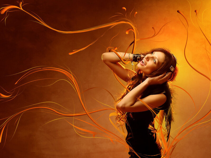 woman listening to music with energy swirls