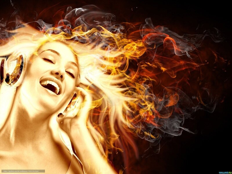 woman listening to music with flames
