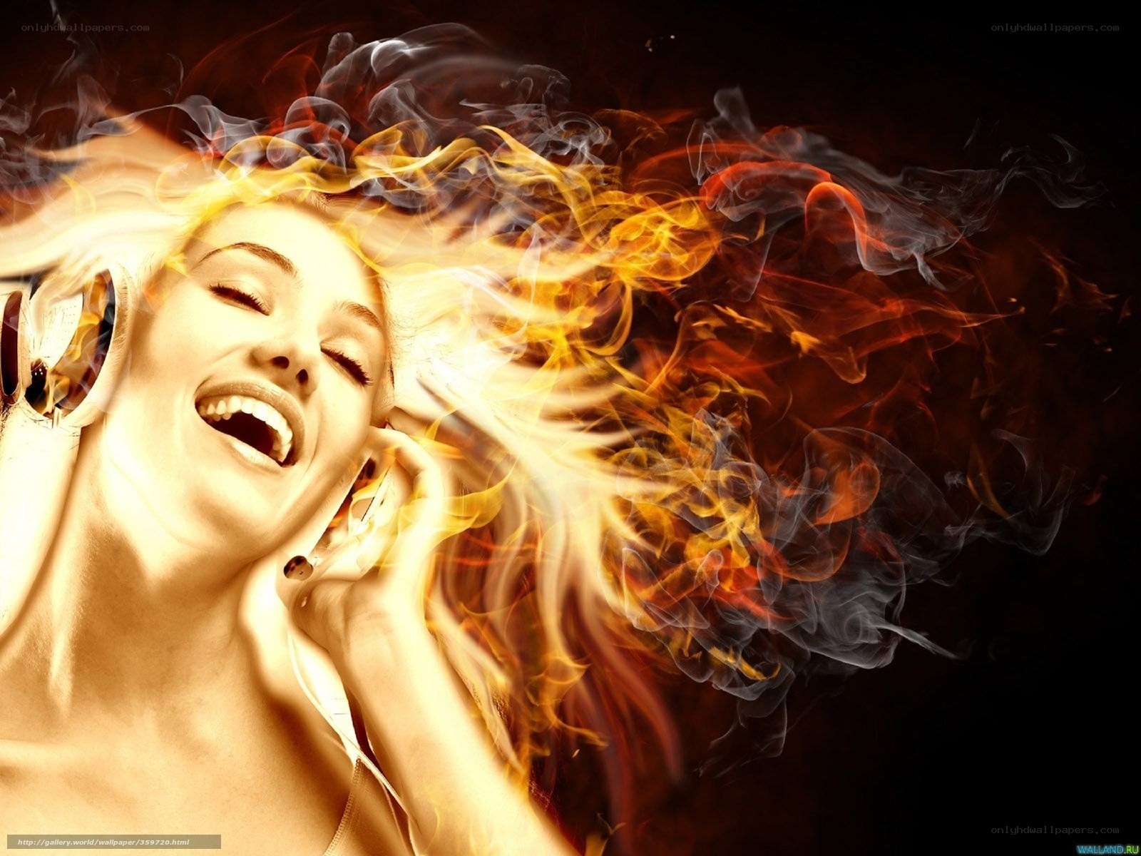 woman listening to music with flames