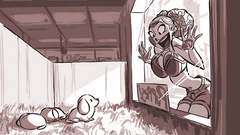 woman looking at puppies