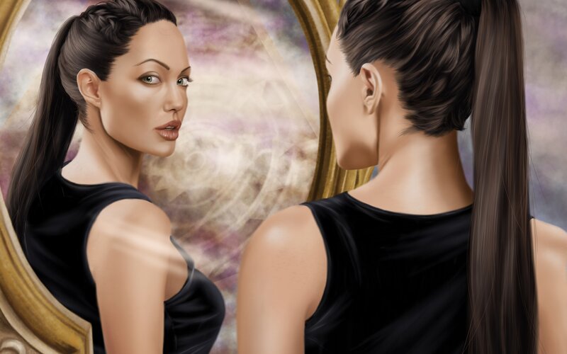 Woman Looking in Mirror — Black, Contemplative, Digital Art
