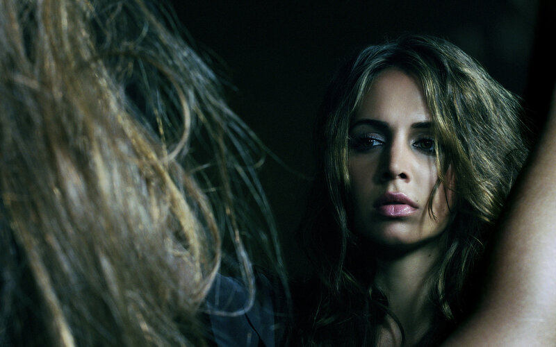 Woman Looking in Mirror — Black, Dramatic, Night, Photograph, Hair