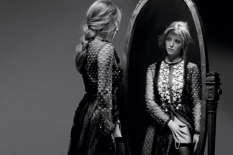 Woman Looking in Mirror — Black, Dramatic
