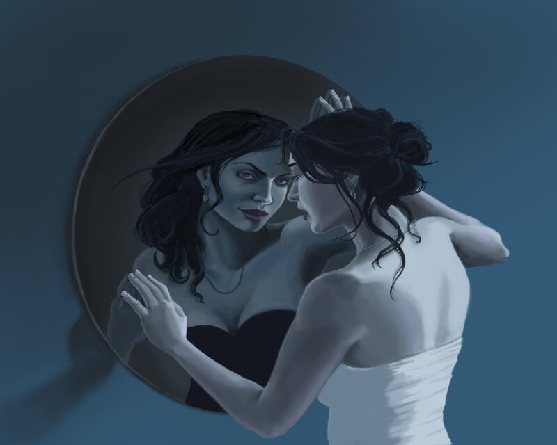 Woman Looking in Mirror — Blue, Dramatic