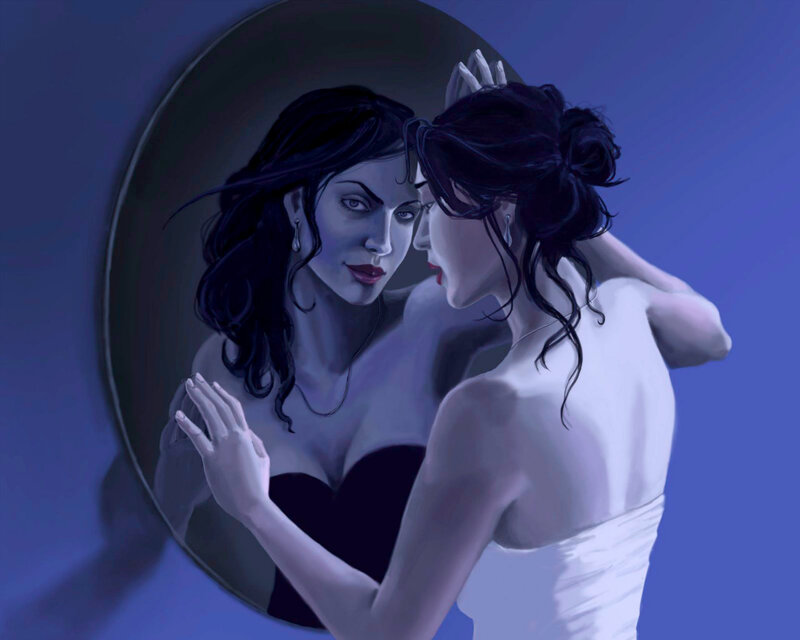 Woman Looking in Mirror — Blue