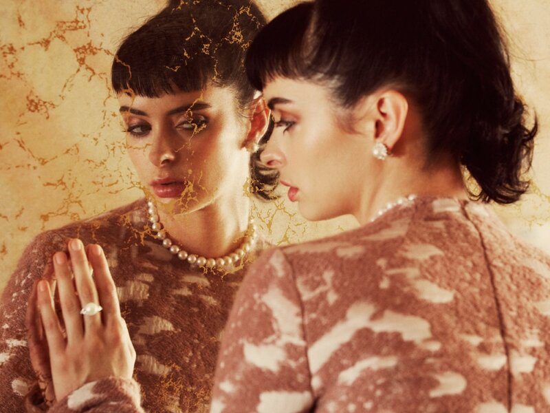 Woman Looking in Mirror — Brown, Dramatic, Photograph