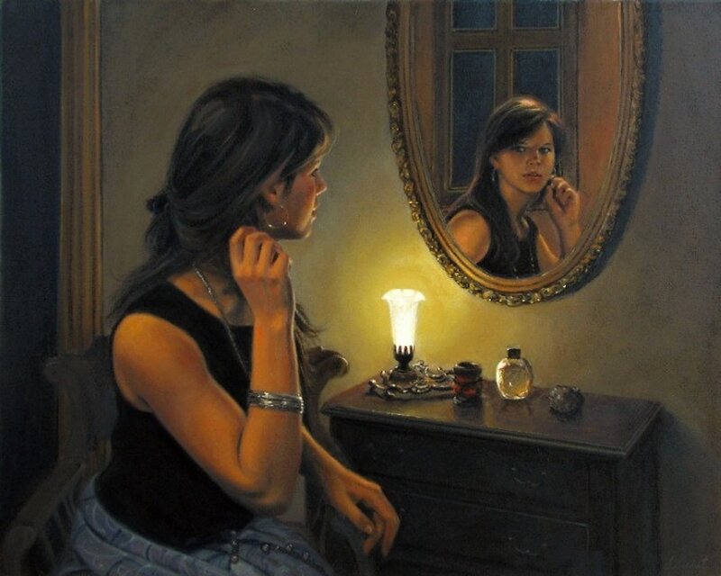 Woman Looking in Mirror — Brown, Intimate