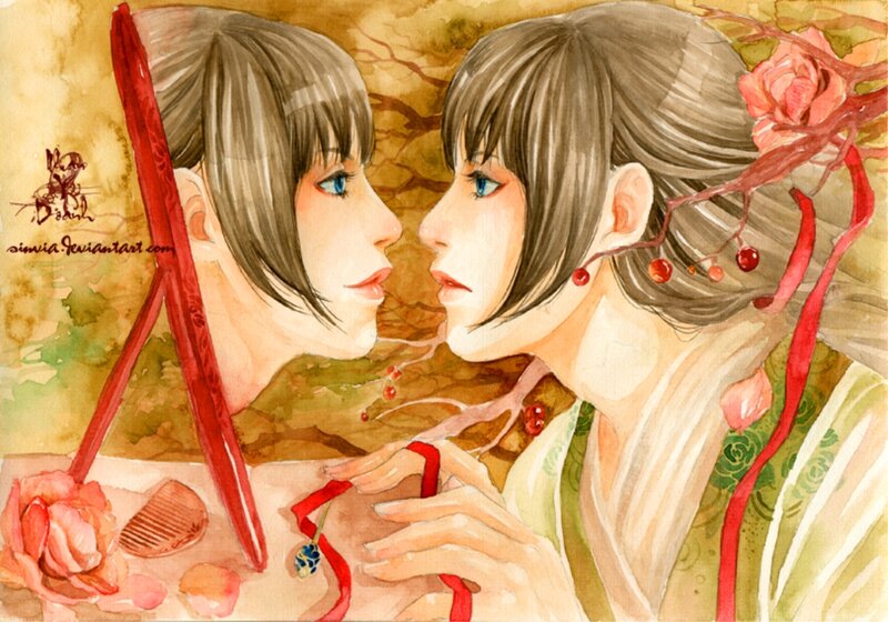 Woman Looking in Mirror — Brown, Serene