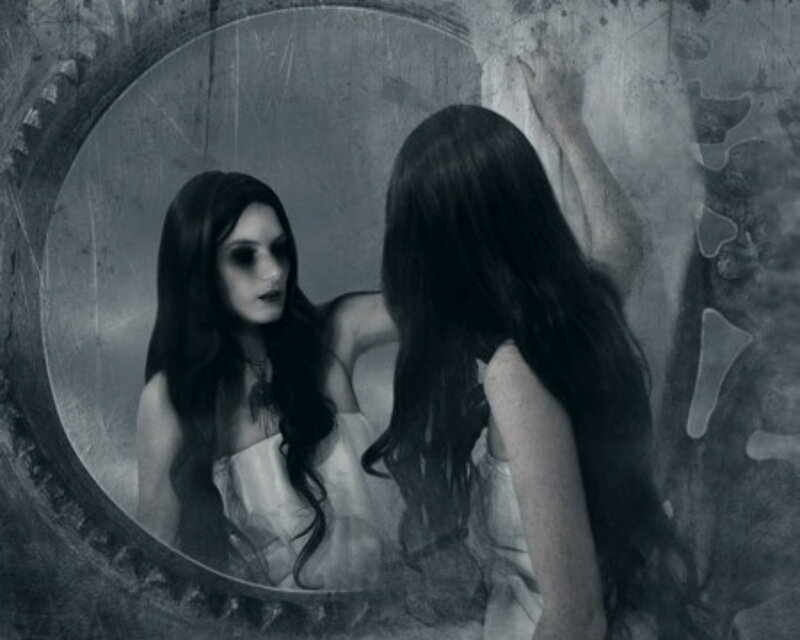 Woman Looking in Mirror — Gray