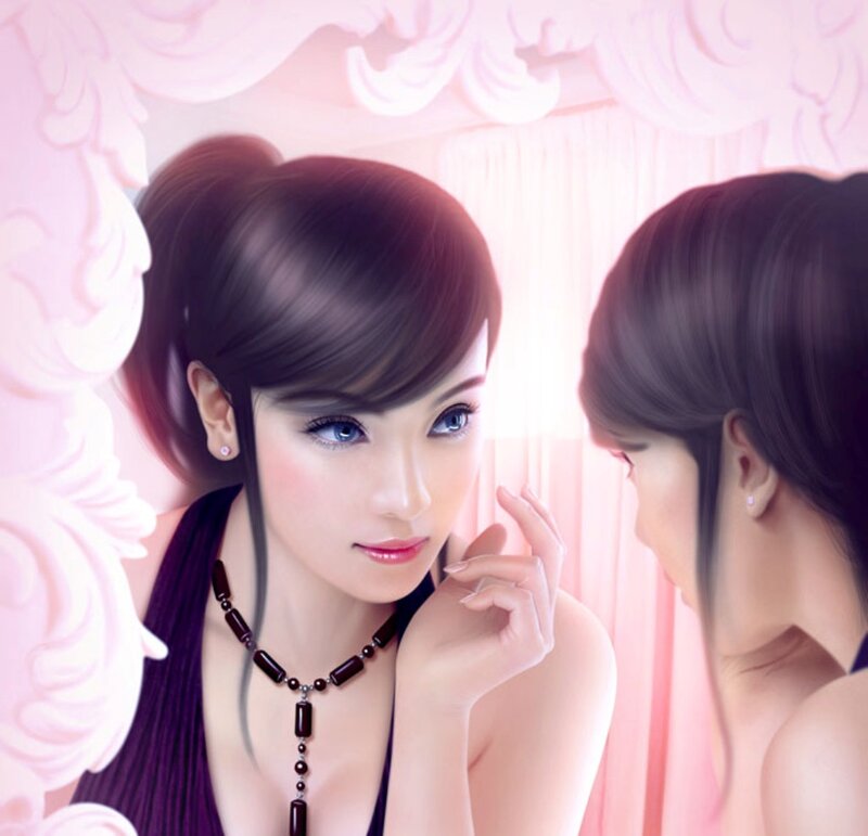 Woman Looking in Mirror — Pink