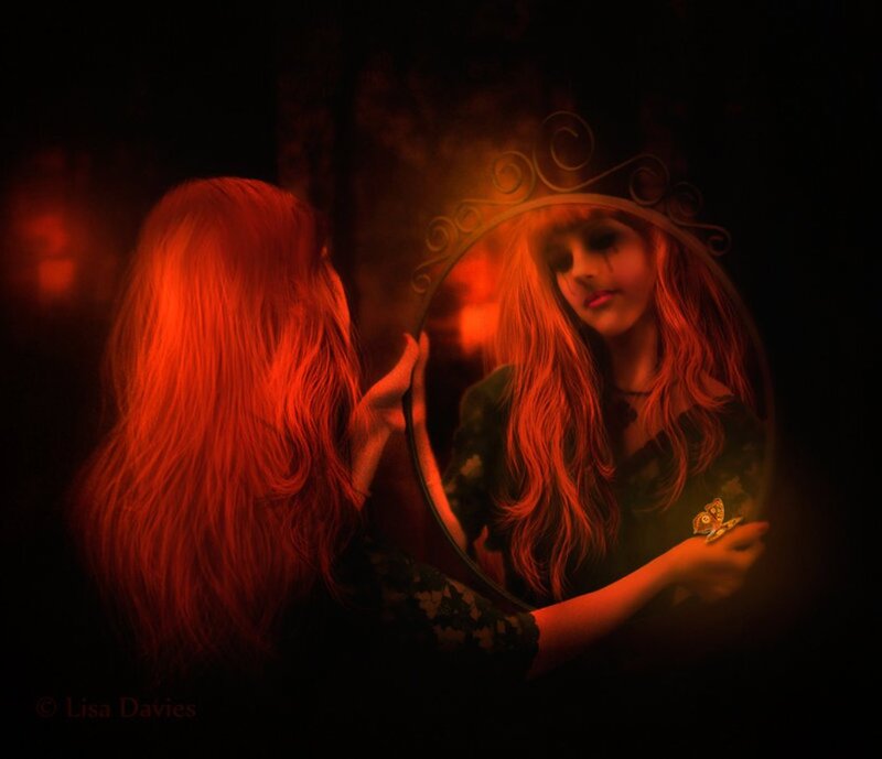 Woman Looking in Mirror — Red, Dramatic, Night