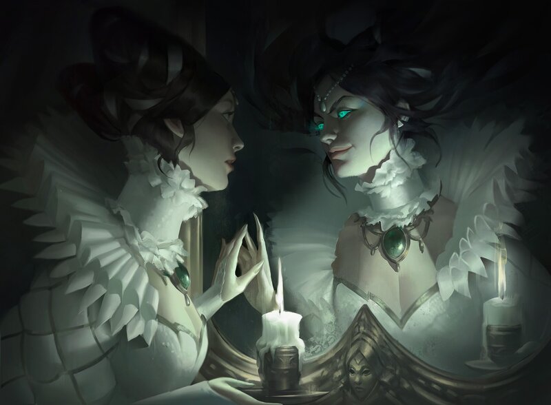 Woman Looking in Mirror — White, Dramatic