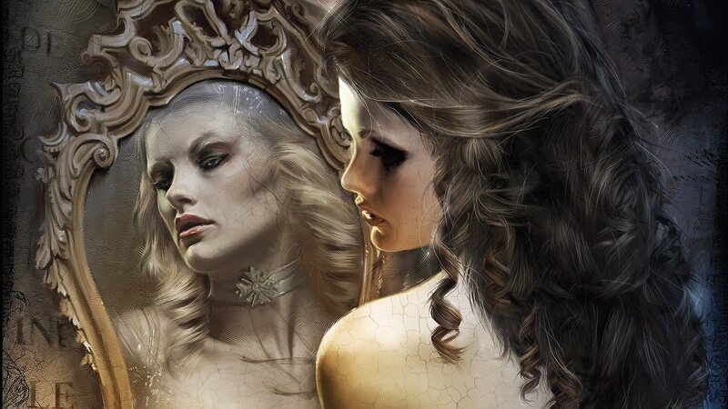woman looking in ornate mirror