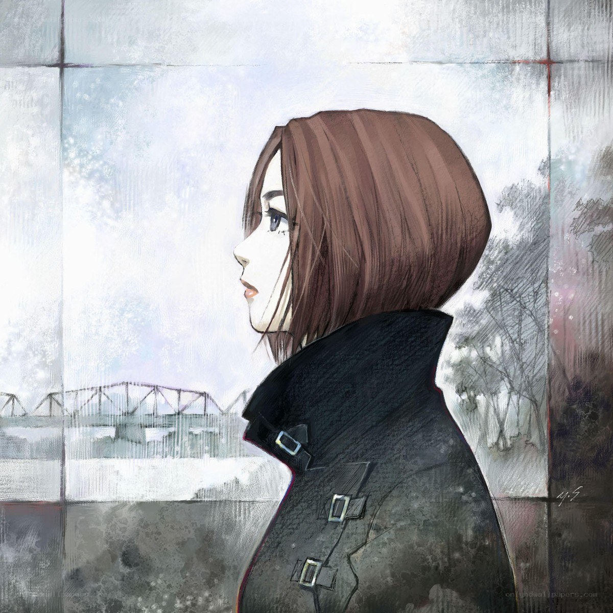 woman looking out window