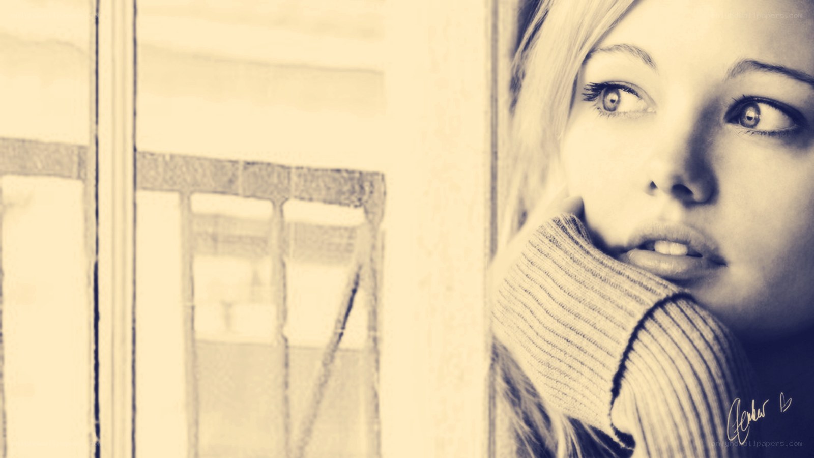 woman looking out window