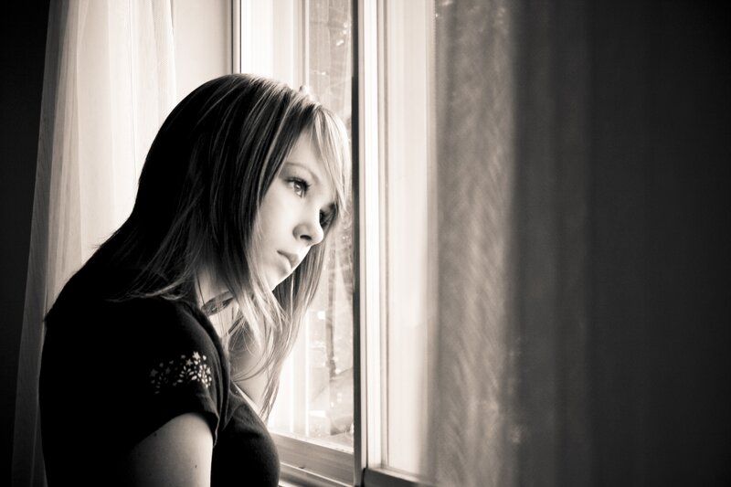 Woman Looking Out Window — Black, Contemplative, Photograph, Curtain, Hair