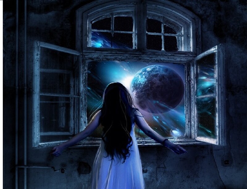Woman Looking Out Window — Blue, Dramatic