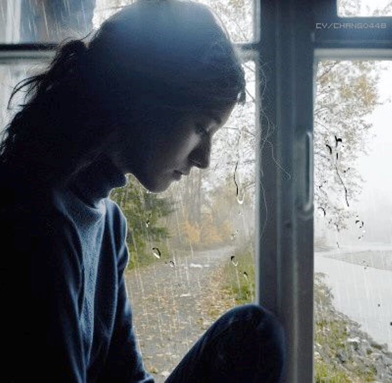 Woman Looking Out Window — Blue, Melancholic