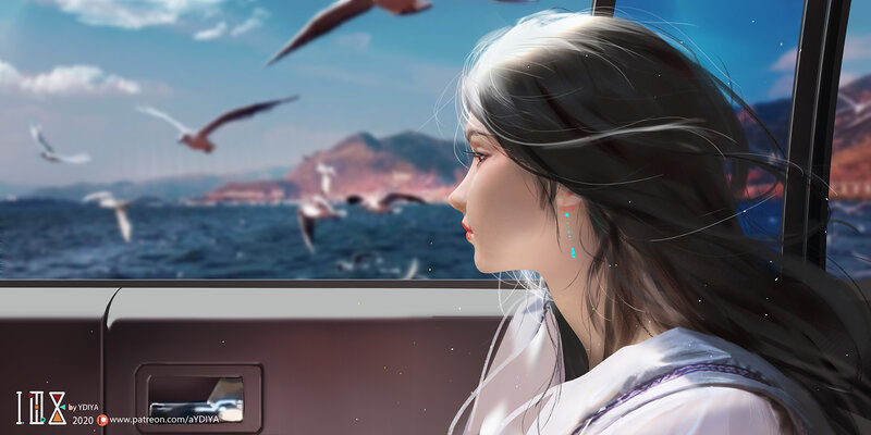 Woman Looking Out Window — Blue, Serene, Afternoon, Digital Art, Seagulls