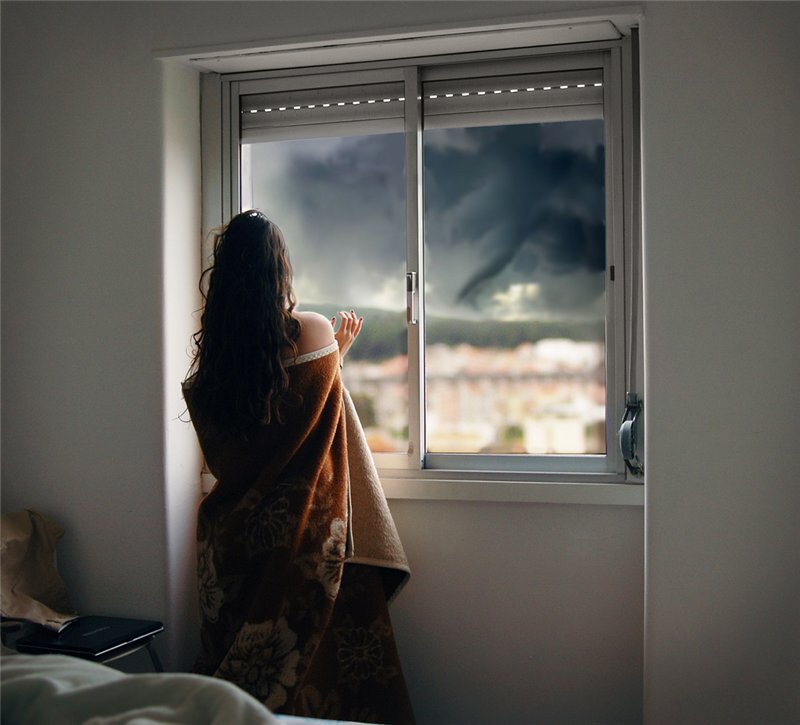 Woman Looking Out Window — Brown, Dramatic