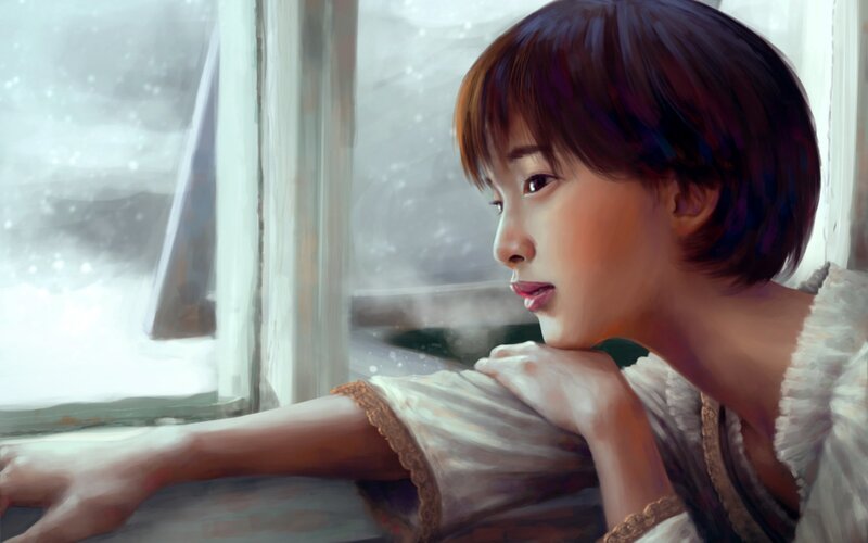 Woman Looking Out Window — White