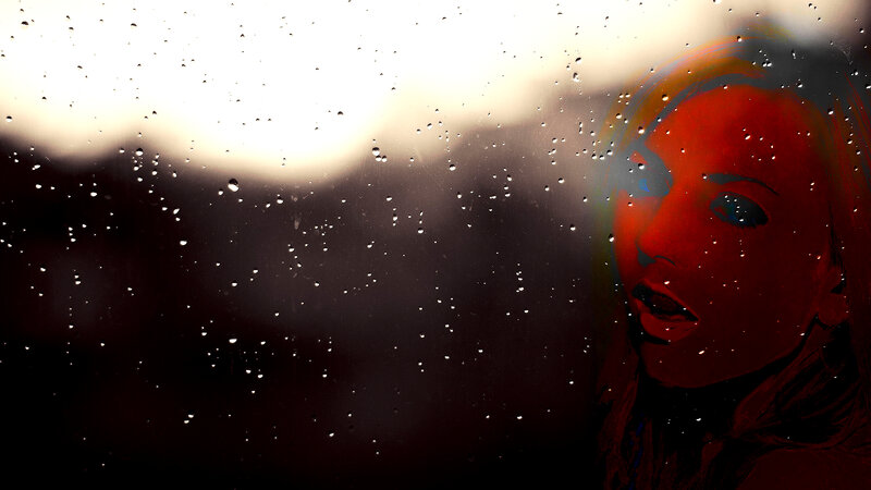 Woman Looking Through Rain-streaked Window — Red