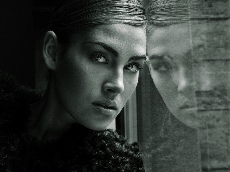 Woman Looking Through Window — Black, Dramatic