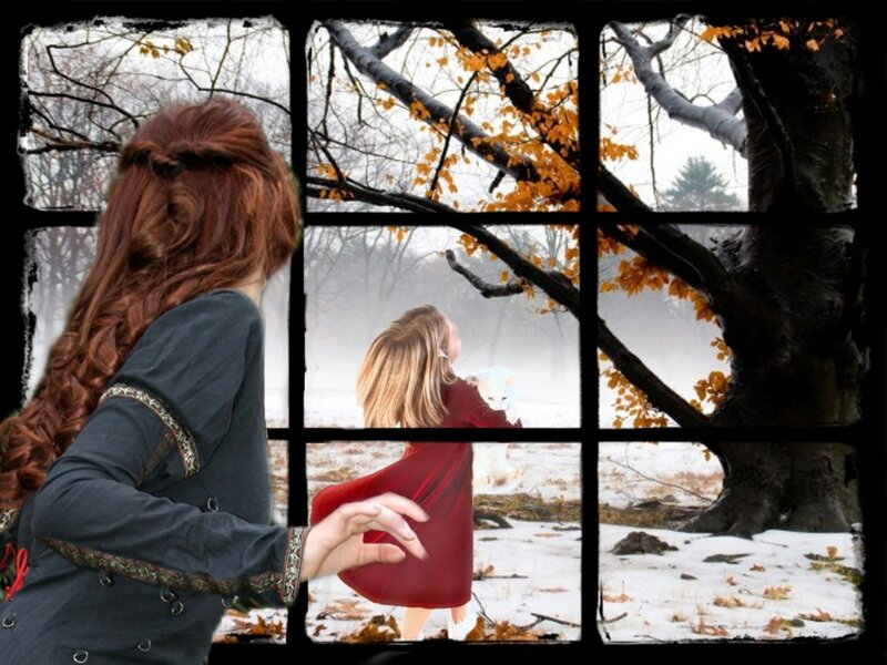Woman Looking Through Window — Red