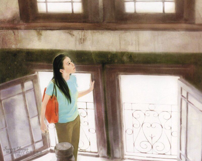 woman looking up at balcony