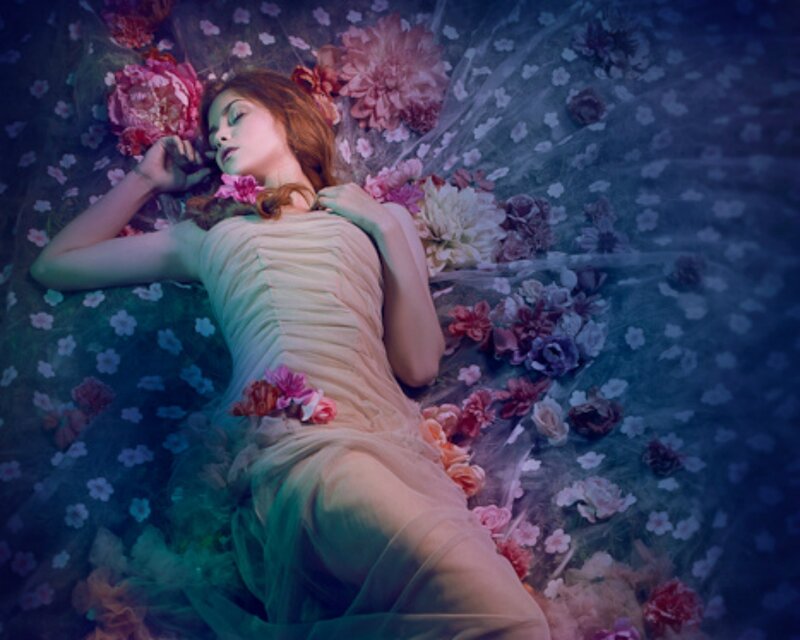 Woman Lying Among Flowers — Blue, Serene