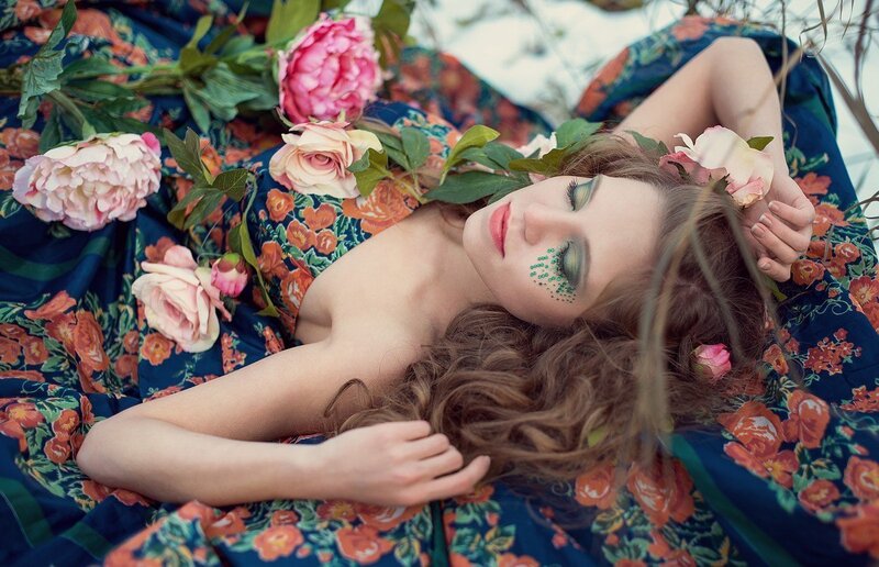 Woman Lying Among Flowers — Blue