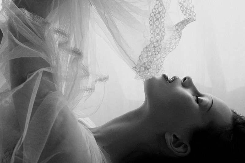 Woman Lying Down — Black, Dramatic, Photograph, Veil