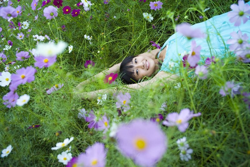 woman lying in a flower field
