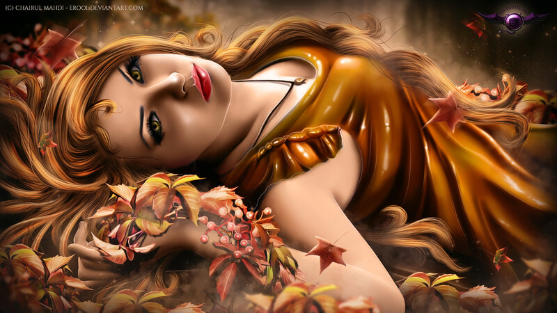 Woman Lying in Autumn Leaves — Brown, Serene, Digital Art