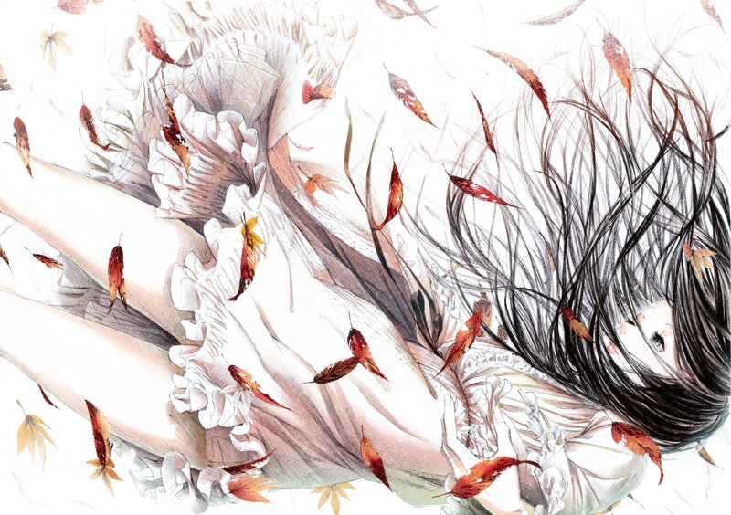 Woman Lying in Autumn Leaves — White