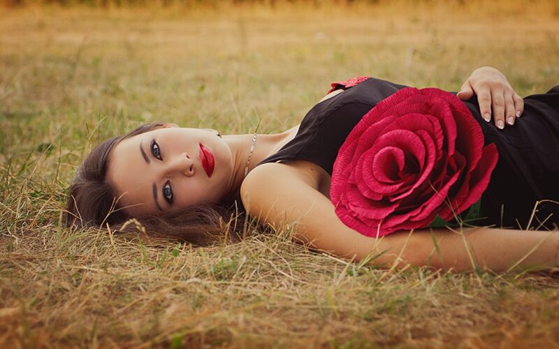 Woman Lying in Field — Red, Serene