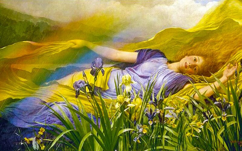 Woman Lying in Field — Yellow, Serene, Afternoon, Painting