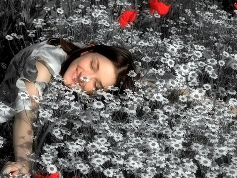 Woman Lying in Flowers — Black, Peaceful