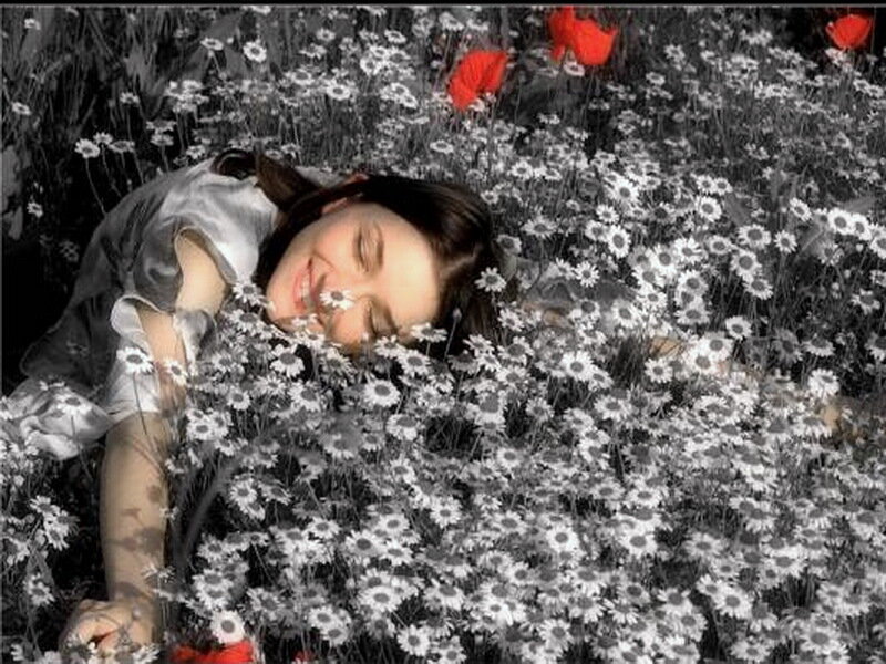 Woman Lying in Flowers — Black, Serene
