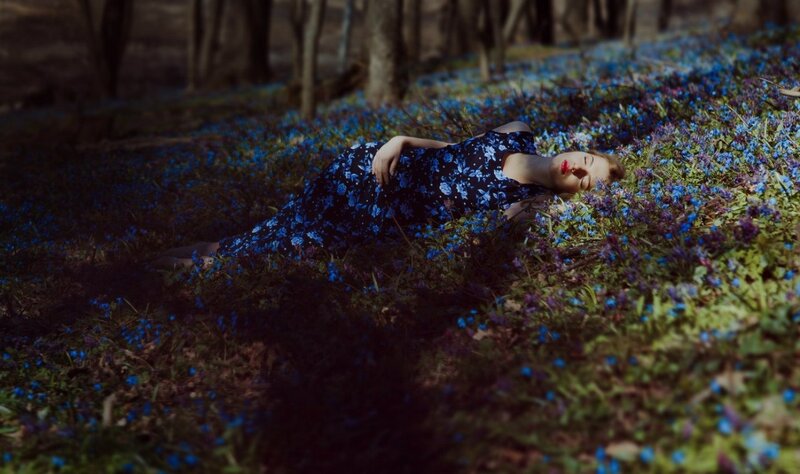 Woman Lying in Flowers — Blue, Serene, Spring, Photograph, Forest