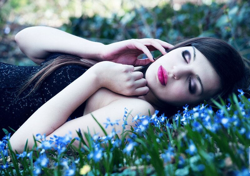 Woman Lying in Flowers — Blue, Serene, Spring