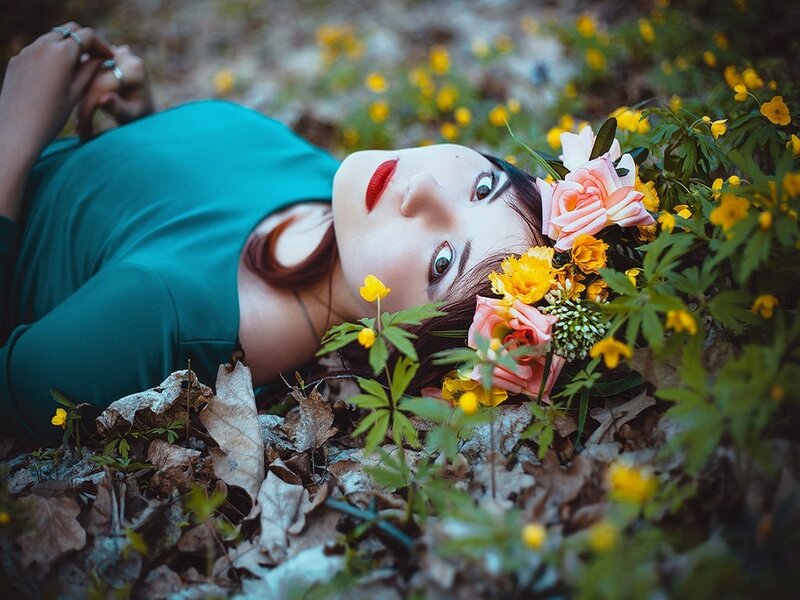 Woman Lying in Flowers — Green, Serene, Spring, Photograph