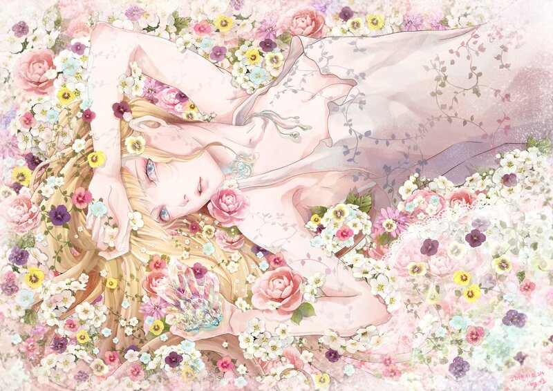Woman Lying in Flowers — Pink, Serene, Spring, Digital Art
