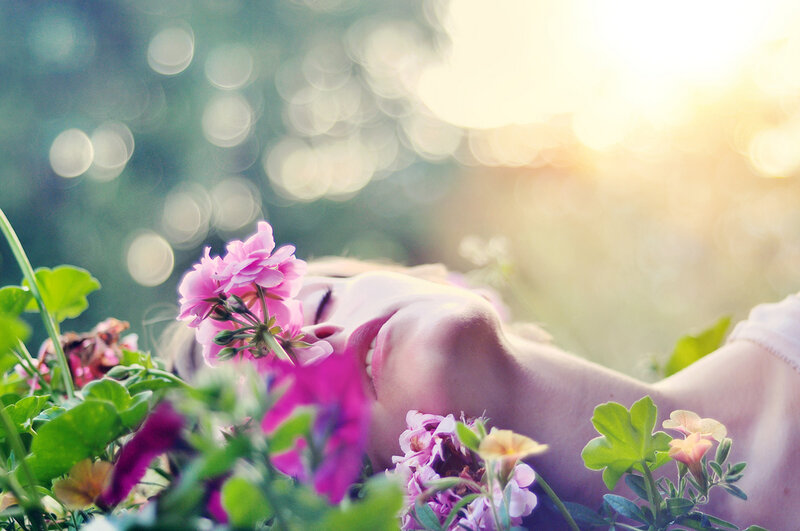 Woman Lying in Flowers — Pink, Serene